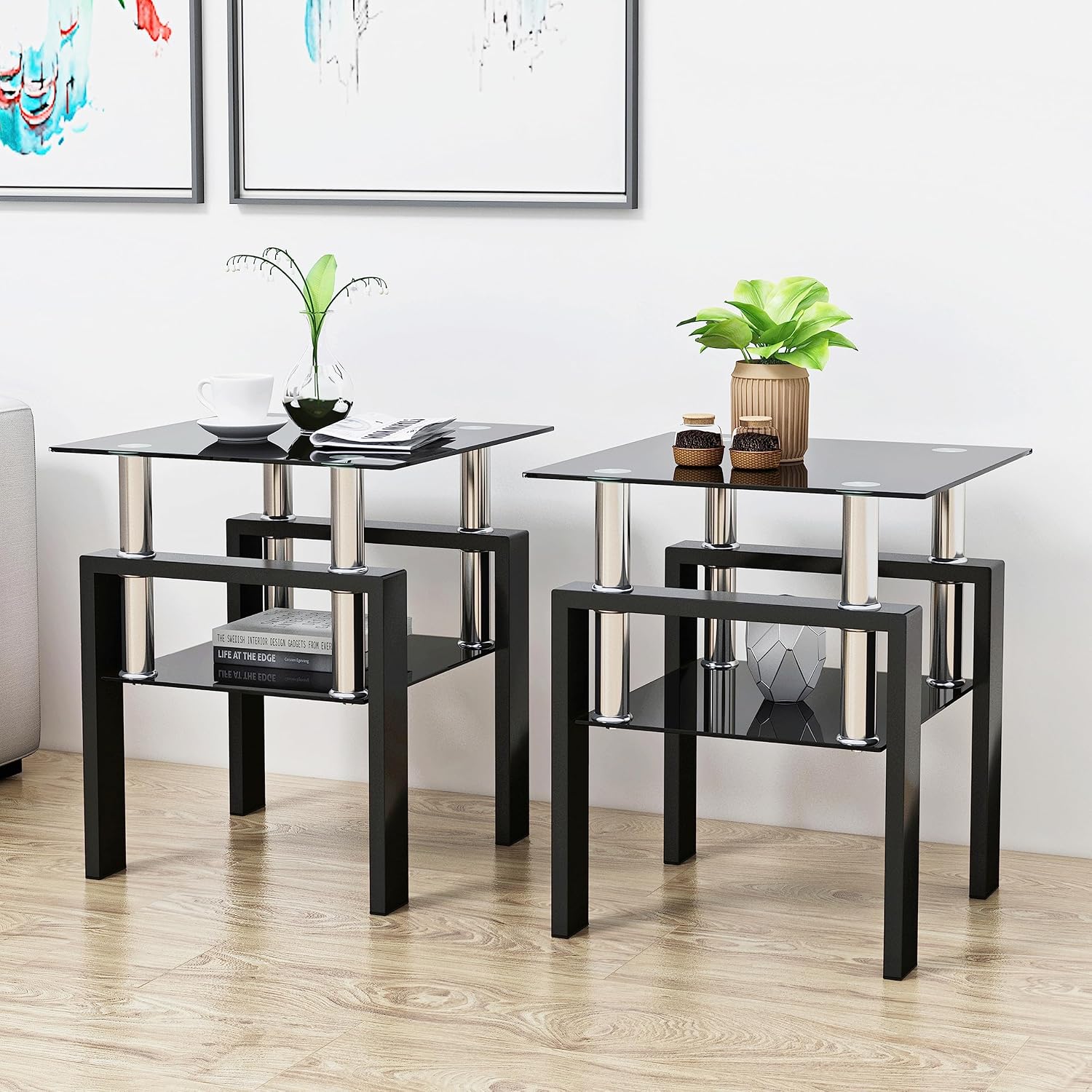 Living Room Tables Set,3 Piece Glass Coffee Table and End Tables Set with Tempered Glass Tabletop and Metal Frame for Living Room,Apartment, Small Space, Full Black