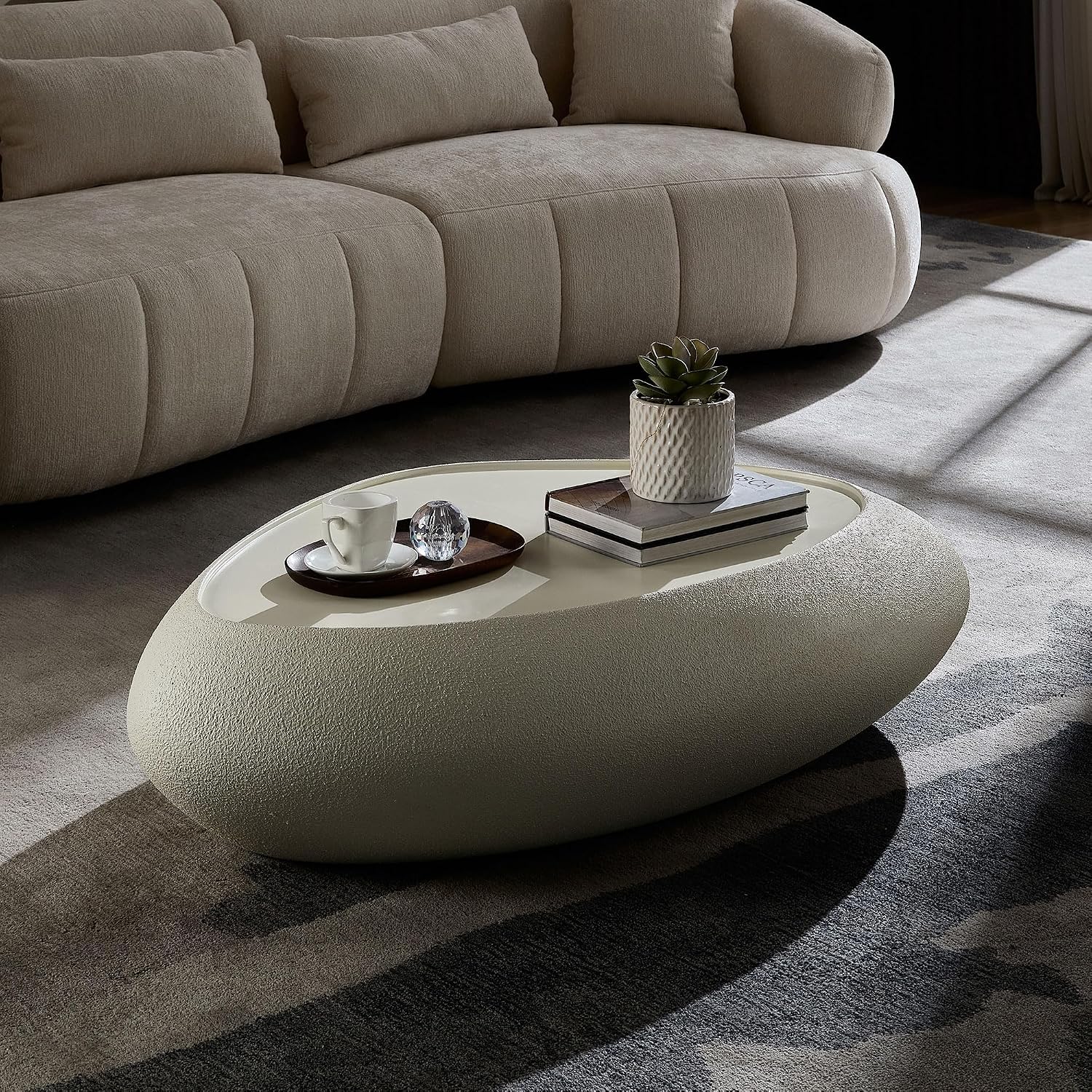 WILLIAMSPACE 47.24' Oval Coffee Table with Grainy Matte Rocks Pattern, Modern Faux Stone Irregular Center Table, Drum Fiberglass Coffee Table Accent Side Table End Table for Living Room (White)