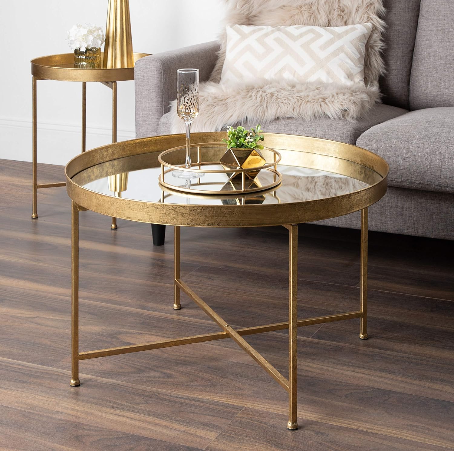Kate and Laurel Celia Metal Foldable Round Accent Coffee Table, 28.25' x 28.25' x 19', Mirrored Surface and Gold Frame, Modern Minimalist Design and Detachable Magnetic Tabletop