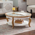 WILLIAMSPACE 31.5' Round Coffee Table with Open Storage, Farmhouse Solid Wood Circle Center Table with Tempered Glass Top 2-Tier Tea Table for Living Room, Easy Assembly (White & Natural Wood Finish)