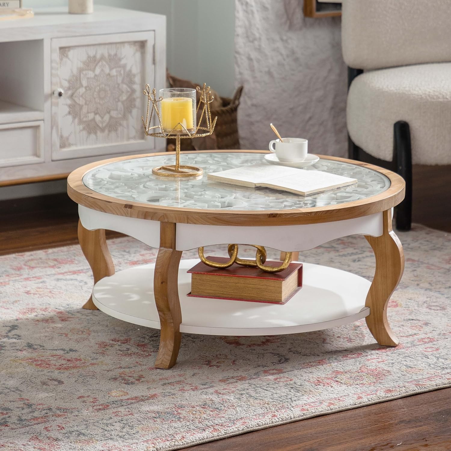 WILLIAMSPACE 31.5' Round Coffee Table with Open Storage, Farmhouse Solid Wood Circle Center Table with Tempered Glass Top 2-Tier Tea Table for Living Room, Easy Assembly (White & Natural Wood Finish)