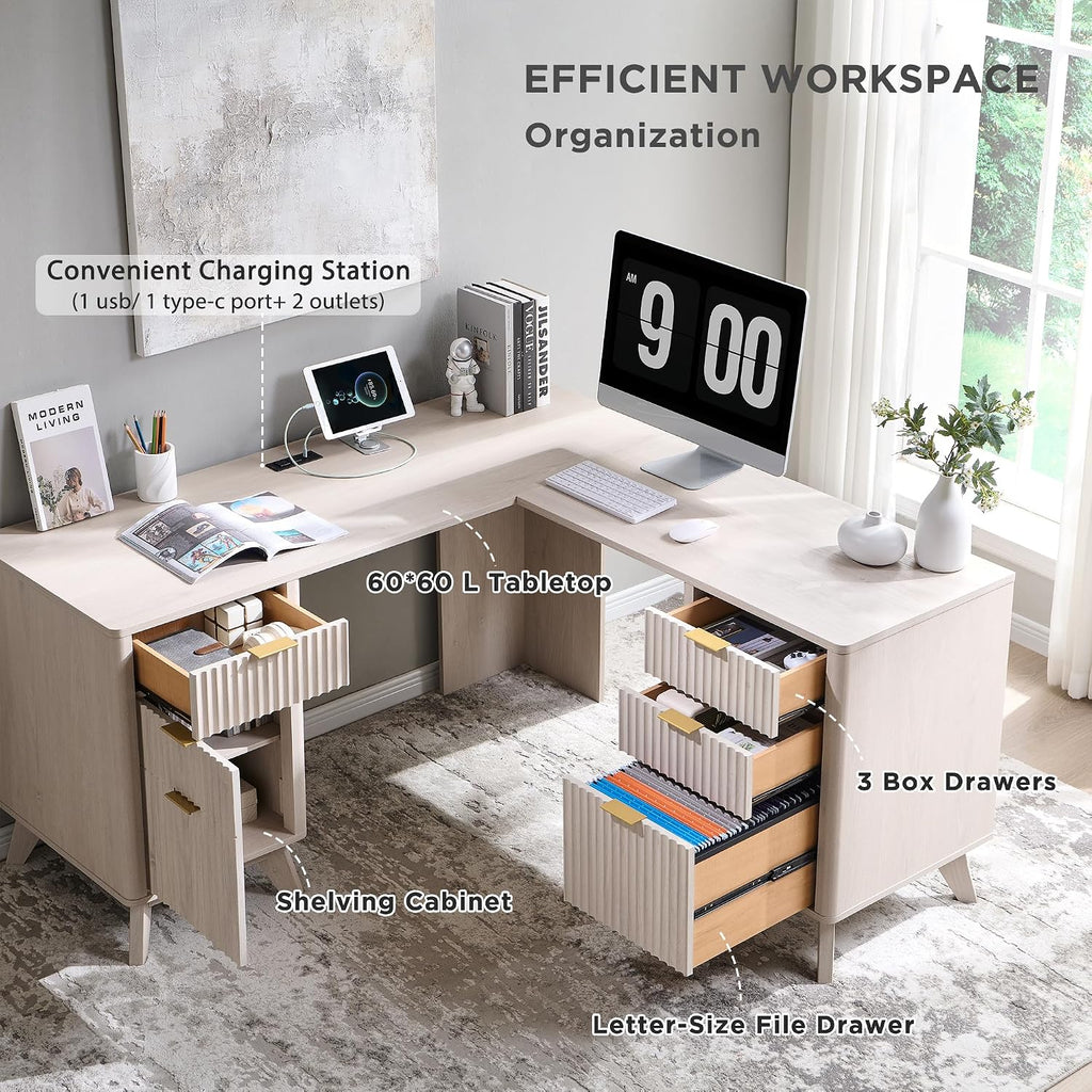 T4TREAM 60' Fluted Executive L Shaped Desk, Modern Home Office Desk with Charging Station and File Drawer, Computer Corner Desks with Drawers & Storage Cabinet for Office Home, Bedroom, Alder White