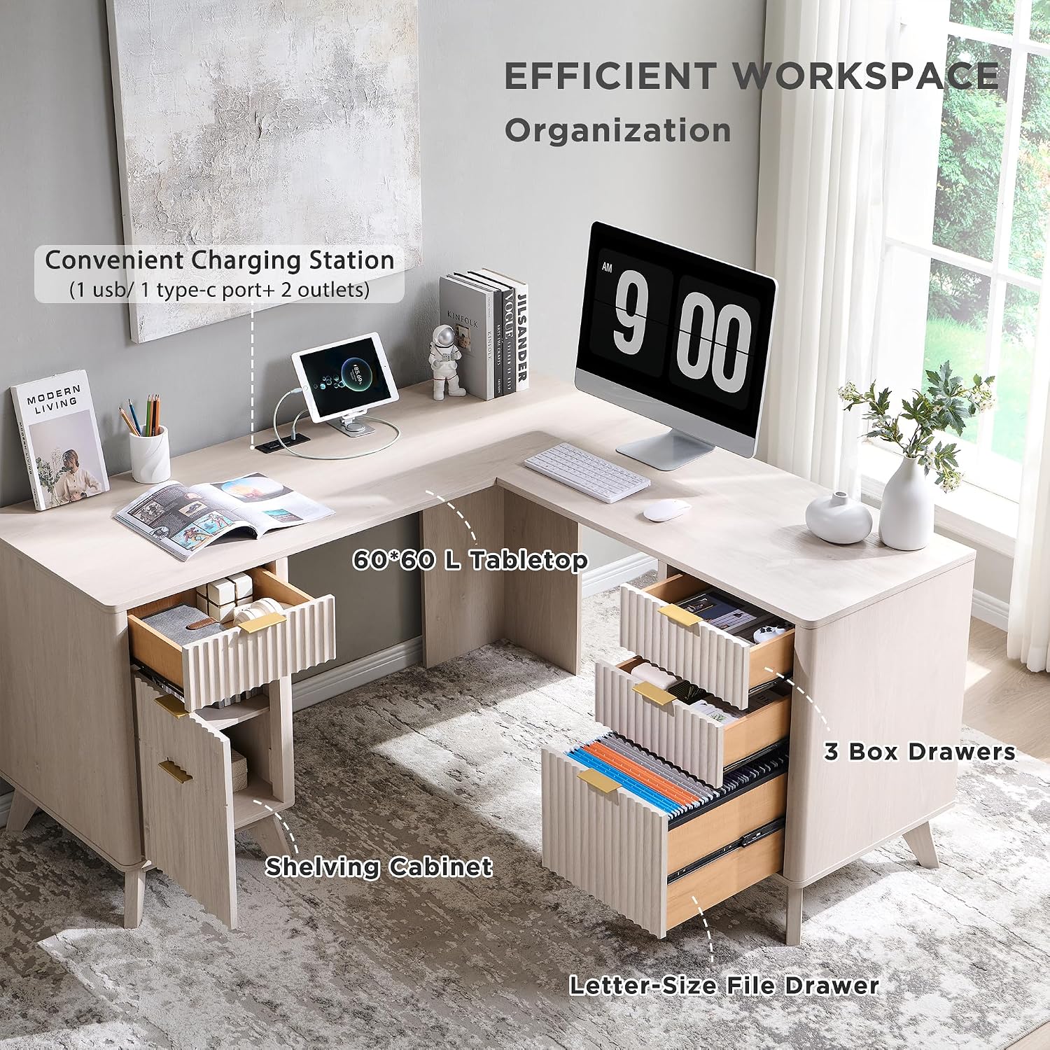 T4TREAM 60' Fluted Executive L Shaped Desk, Modern Home Office Desk with Charging Station and File Drawer, Computer Corner Desks with Drawers & Storage Cabinet for Office Home, Bedroom, Alder White