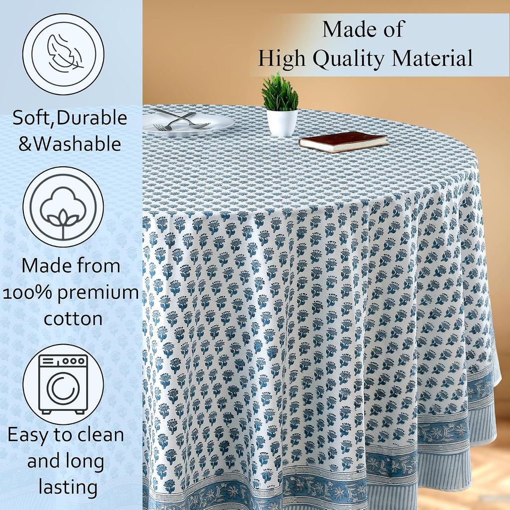 CPC Apatite Blue Block Print Cotton Handmade Round Tablecloth 132 Inch Decorative Table Cover for Home Decor, Dinning, Festive, Wedding, Farmhouse Gift for Spring, Mother's Day