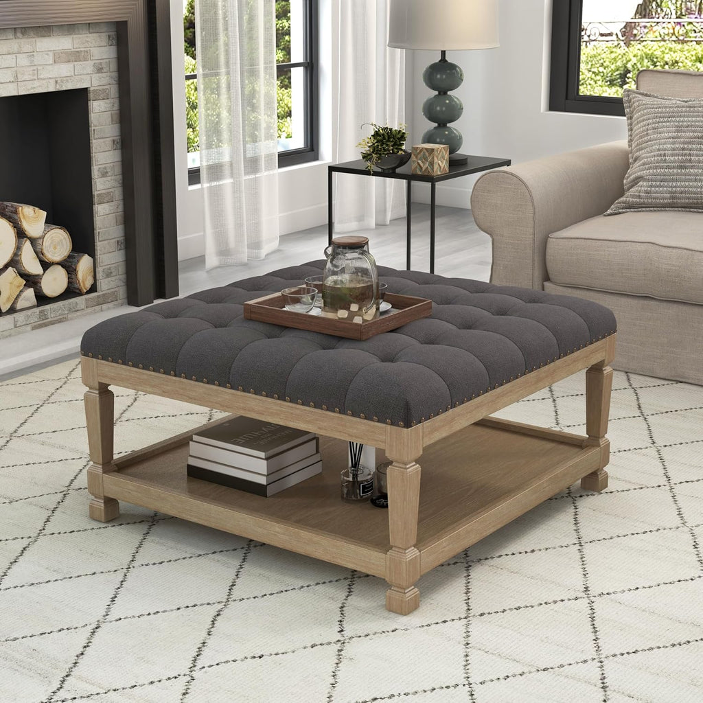 Ottoman Coffee Table,Square Wooden Upholstered Tufted Ottoman Foot Rest with Storage, Padded Linen Coffee Tables for Farmhouse Lliving Room (Dark Grey)