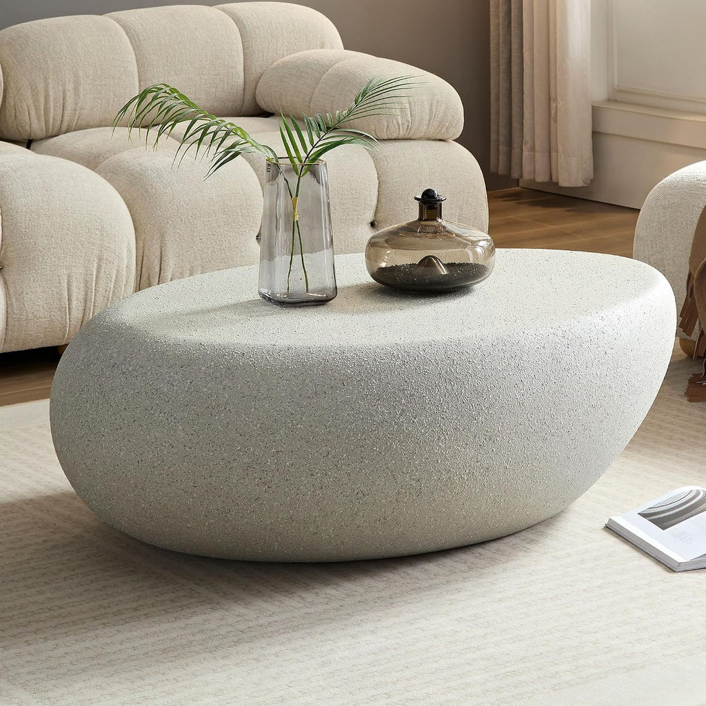 Oval Coffee Table, 43.3' Fiberglass Imitation Rocks, Vintage Matte Center Tables Irregular Side Table Accent End Table for Living Room, No Need Assembly