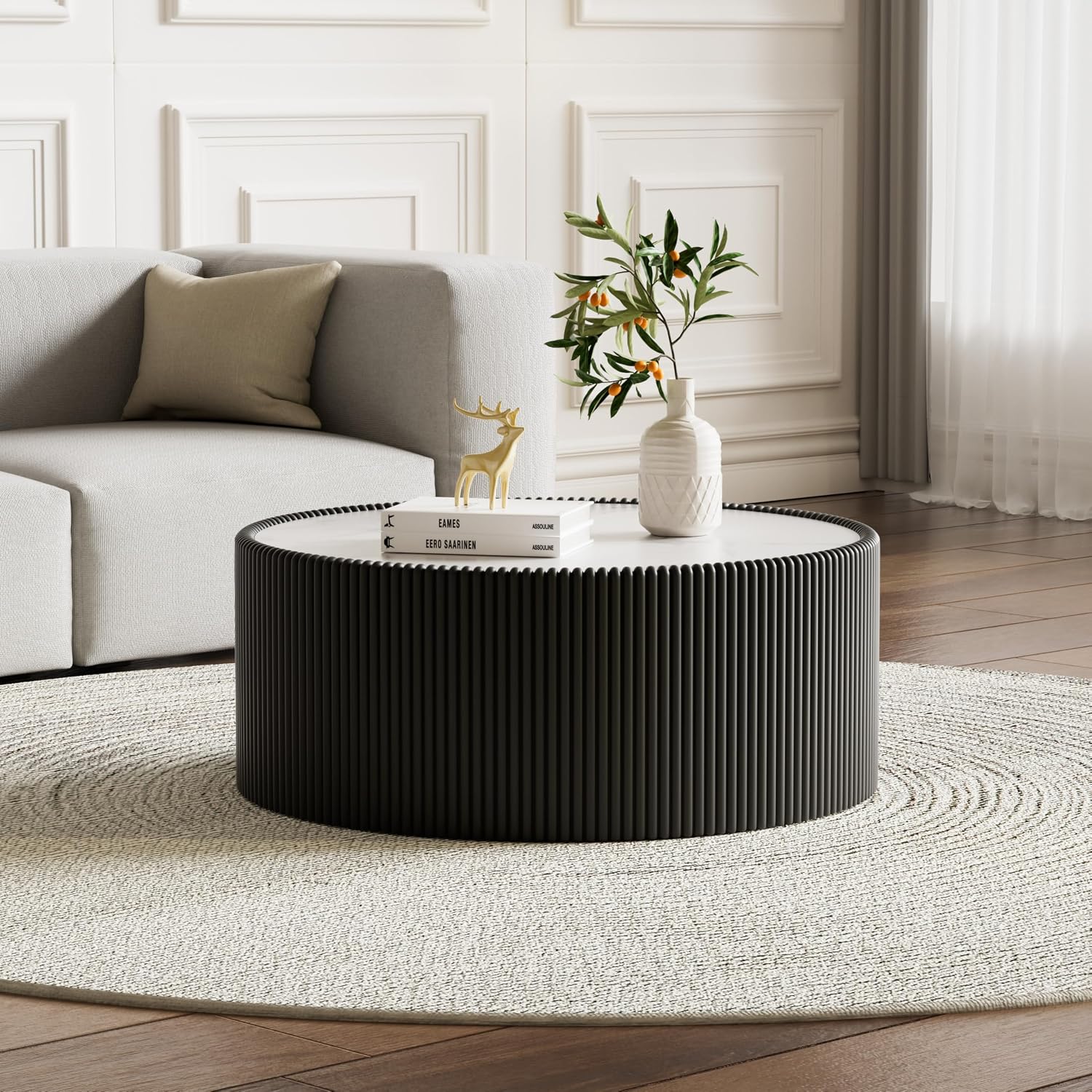 Round Coffee Table Set with Sintered Stone Tabletop, 29.52' Black Drum Center Table and 17.71' Black Coffee Table Set, 2 Pieces Living Room Table Set with Fluted PU Leather Cover& Stable Base