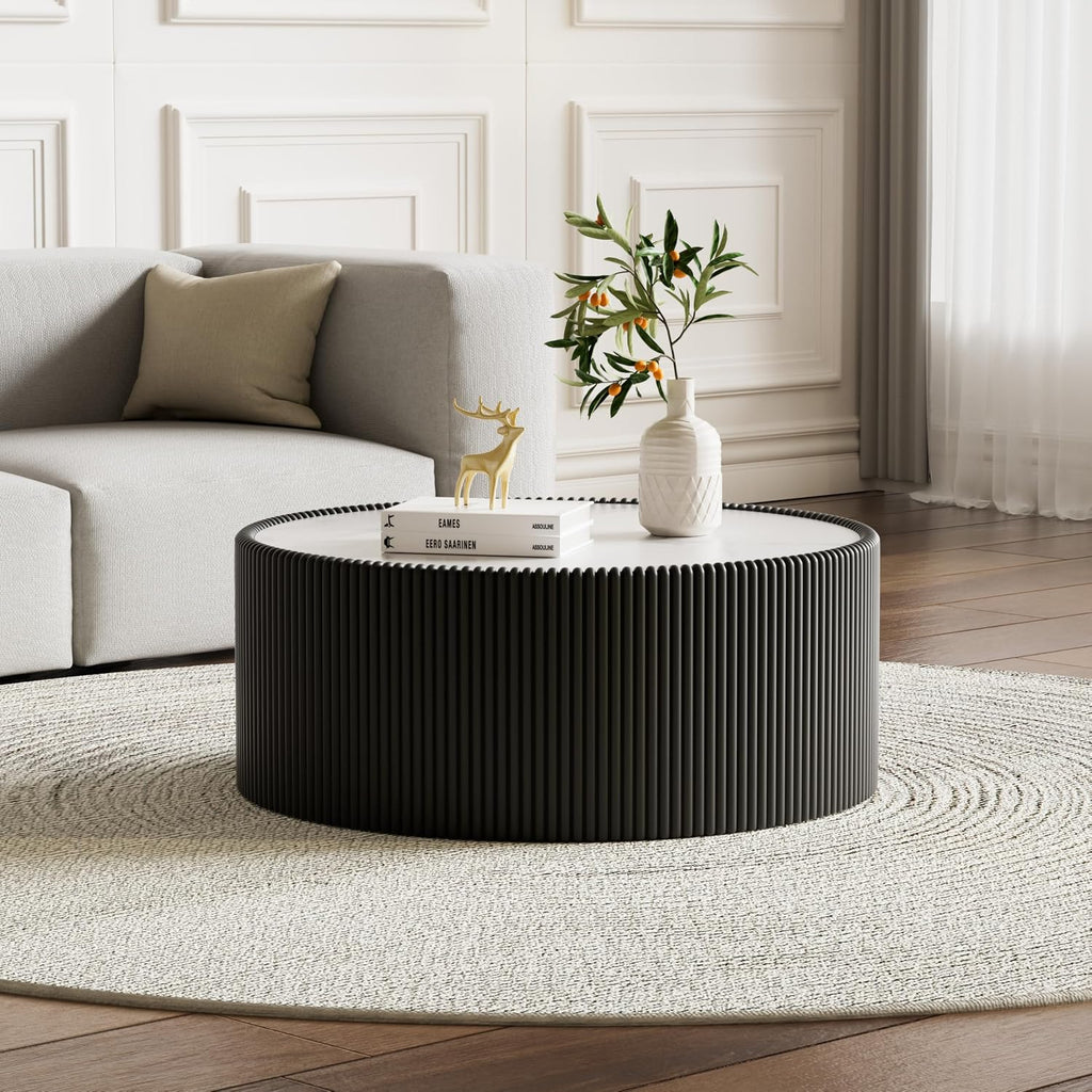 Round Coffee Table Set with Sintered Stone Tabletop, 29.52' Black Drum Center Table and 17.71' Grey Coffee Table Set, 2 Pieces Living Room Table Set with Fluted PU Leather Cover& Stable Base