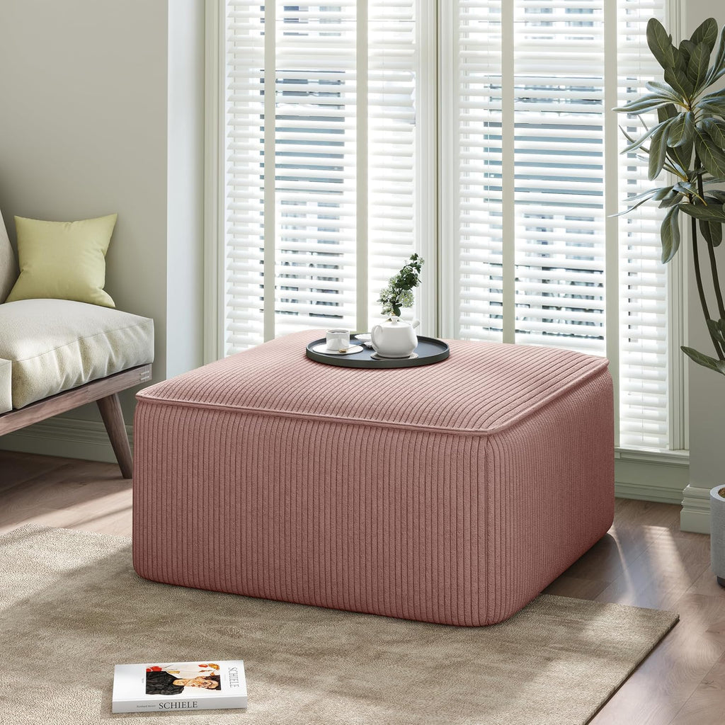 Christopher Knight Home Isa Square Ottoman Footstool, Corduroy Pouf Poufee Footrest Ottoman Large Seat, Modern Side Table for Living Room Bedroom Home Decor, Pink, 30'