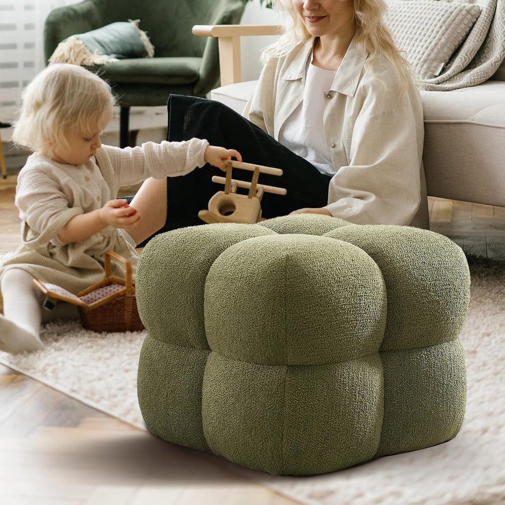 Zesthouse Square Pouf Ottoman Footstool, Modern Ottoman Coffee Table for Living Room, Poofy Boucle Stool Foot Rest, Upholstered Tufted Stool for Couch, Cube Vanity Chair Backless for Bedroom, Green