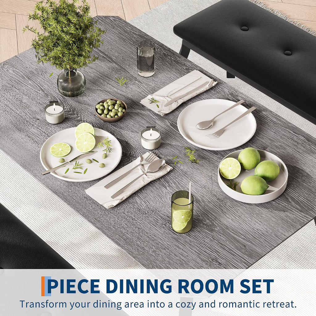 Dining Table for 4, 3-Piece Kitchen Table Set for 4 with Wooden Tabletop and Metal Frame, Industrial Kitchen Table with 2 PU Leather Benches for Bar, Dining Room, Restaurant(43''x28''x30''), Gray