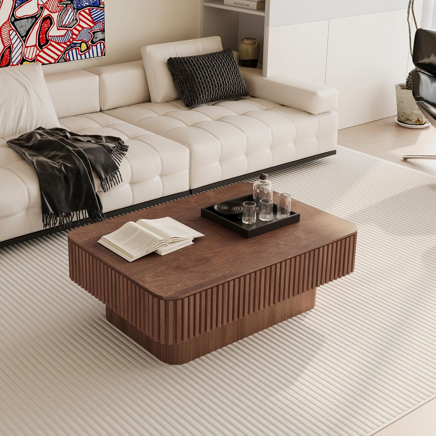 Lift Coffee Table with Storage & Adjustable Height, Solid Wood Coffee Table Fluted Center Table Accent Tea Table or Living Room, Apartment, Office (38.6' Walnut)
