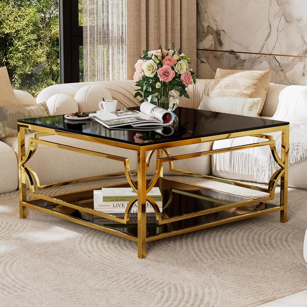 Flieks Square Glass Coffee Table in 33.5',Luxurious Geometric Metal Frame,Gold Finish & Lower Shelf