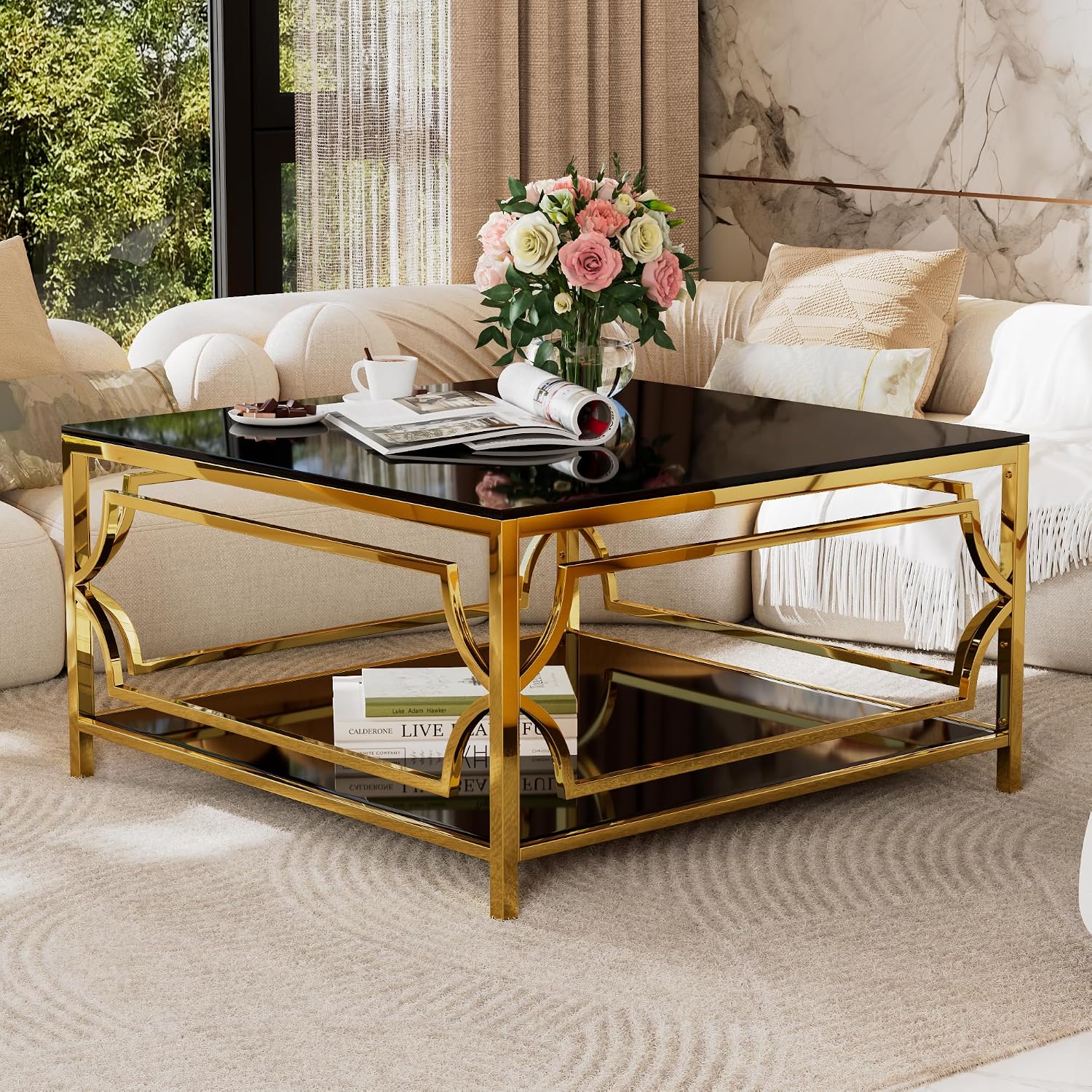 Flieks Square Glass Coffee Table in 33.5',Luxurious Geometric Metal Frame,Gold Finish & Lower Shelf