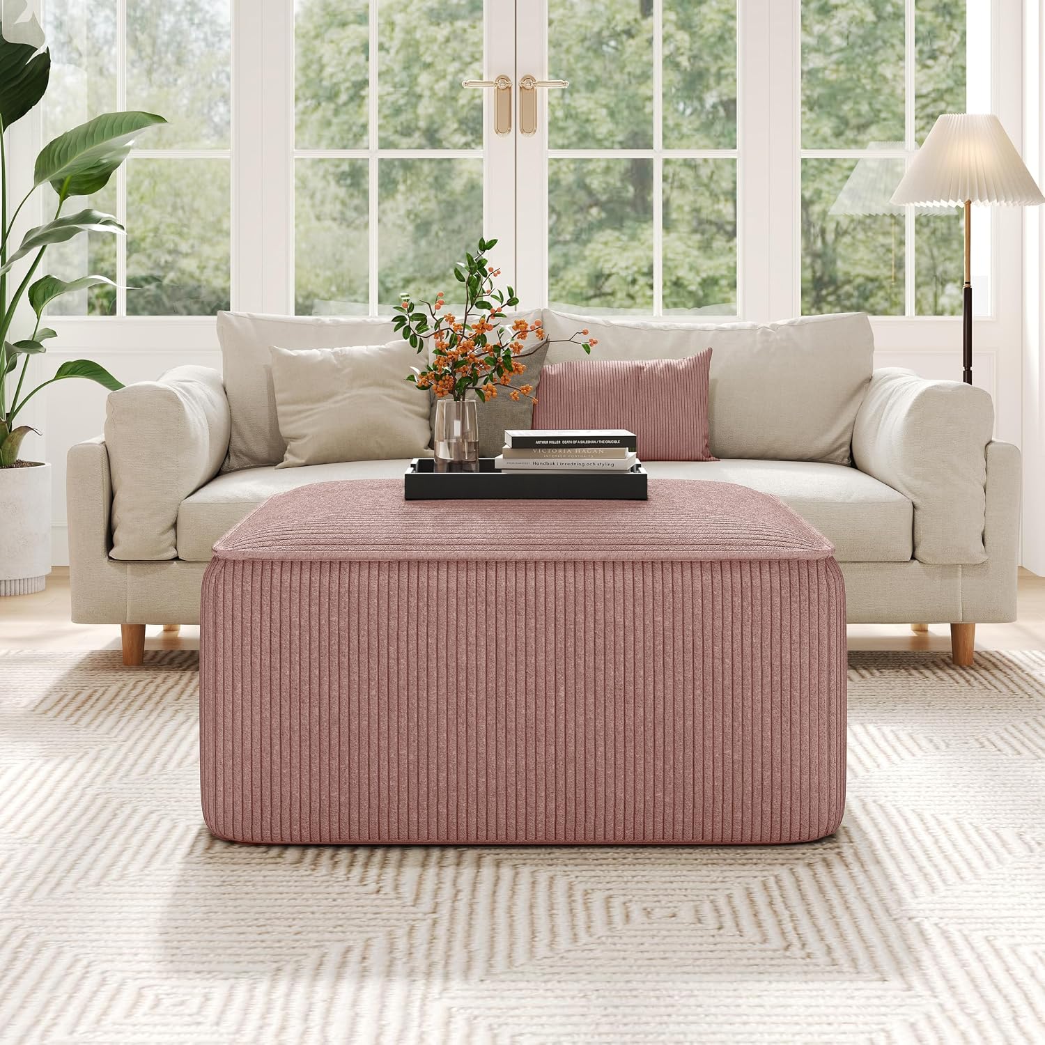 Christopher Knight Home Isa Square Ottoman Footstool, Corduroy Pouf Poufee Footrest Ottoman Large Seat, Modern Side Table for Living Room Bedroom Home Decor, Pink, 30'