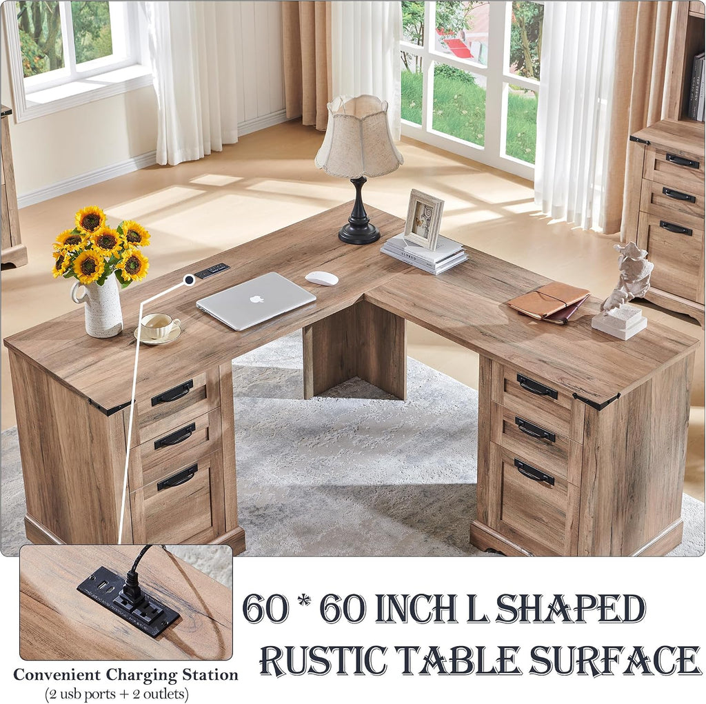 RedLemon 60' Farmhouse L Shaped Executive Desk, Rustic Oak | Home Office Corner Desk, Charging Station, Storage Cabinet, File Drawer, 3 Box Drawers, Rustic Computer Writing Desk