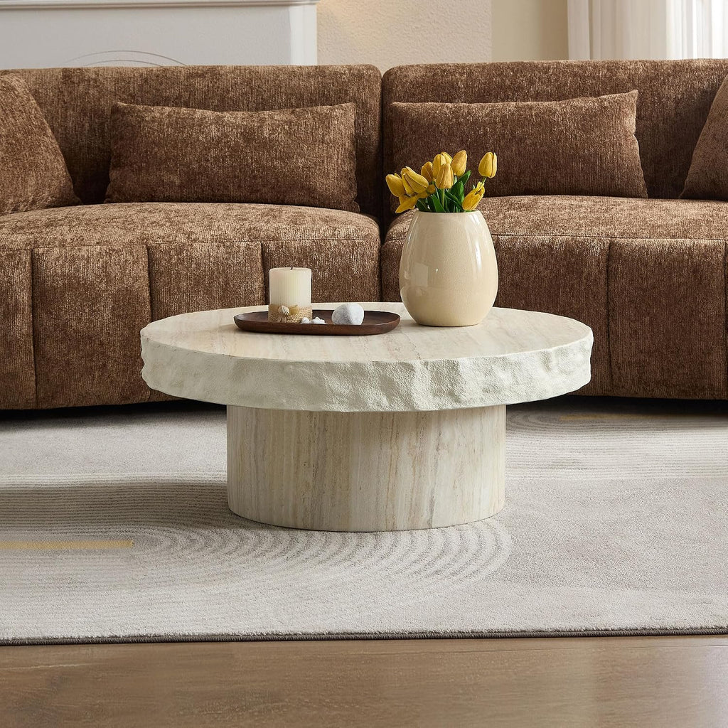 JUSTONE Round Coffee Table for Living Room, 31.69 Inch Modern Accent Table with Faux Stone Beige Weathering Finish, Minimalist Side End Table for Apartment Office