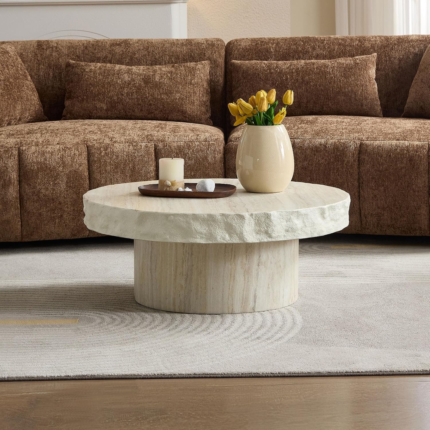 JUSTONE Round Coffee Table for Living Room, 31.69 Inch Modern Accent Table with Faux Stone Beige Weathering Finish, Minimalist Side End Table for Apartment Office