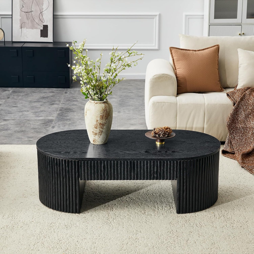 LKTART Black Coffee Table Oval, 47.5' Fluted Wood Coffee Table with Drawer, Mid Century Modern Center Tables for Living Room Bedroom Office, Black