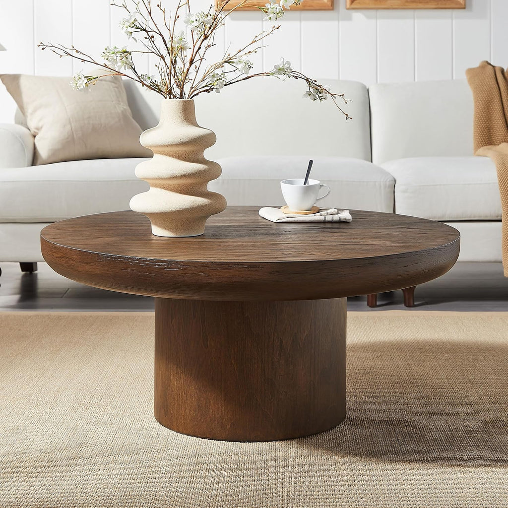 WILLIAMSPACE 35.98' Round Coffee Table with Cylindrical Base, Modern Wood Drum Center Table, Accent Side End Table for Living Room Apartment, φ35.98'*15.98'H (Dark Brown)