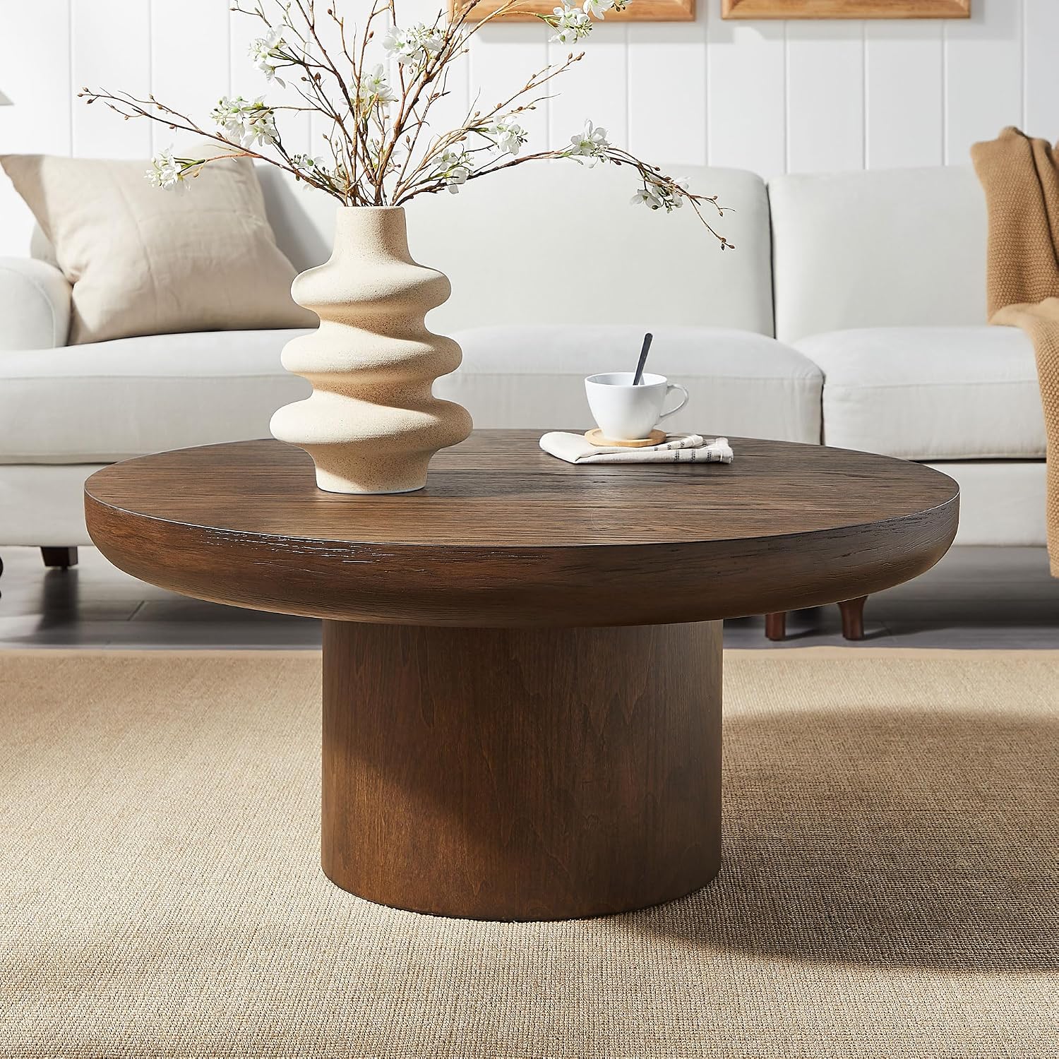 WILLIAMSPACE 35.98' Round Coffee Table with Cylindrical Base, Modern Wood Drum Center Table, Accent Side End Table for Living Room Apartment, φ35.98'*15.98'H (Dark Brown)