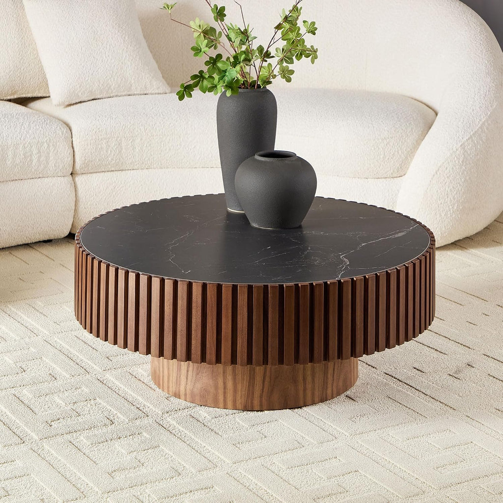 35.43'' Sintered Stone Coffee Table Black Modern Round Coffee Table for Living Room, Contemporary Circle Fluted Drum Pedestal Style, Easy Assembly, Walnut