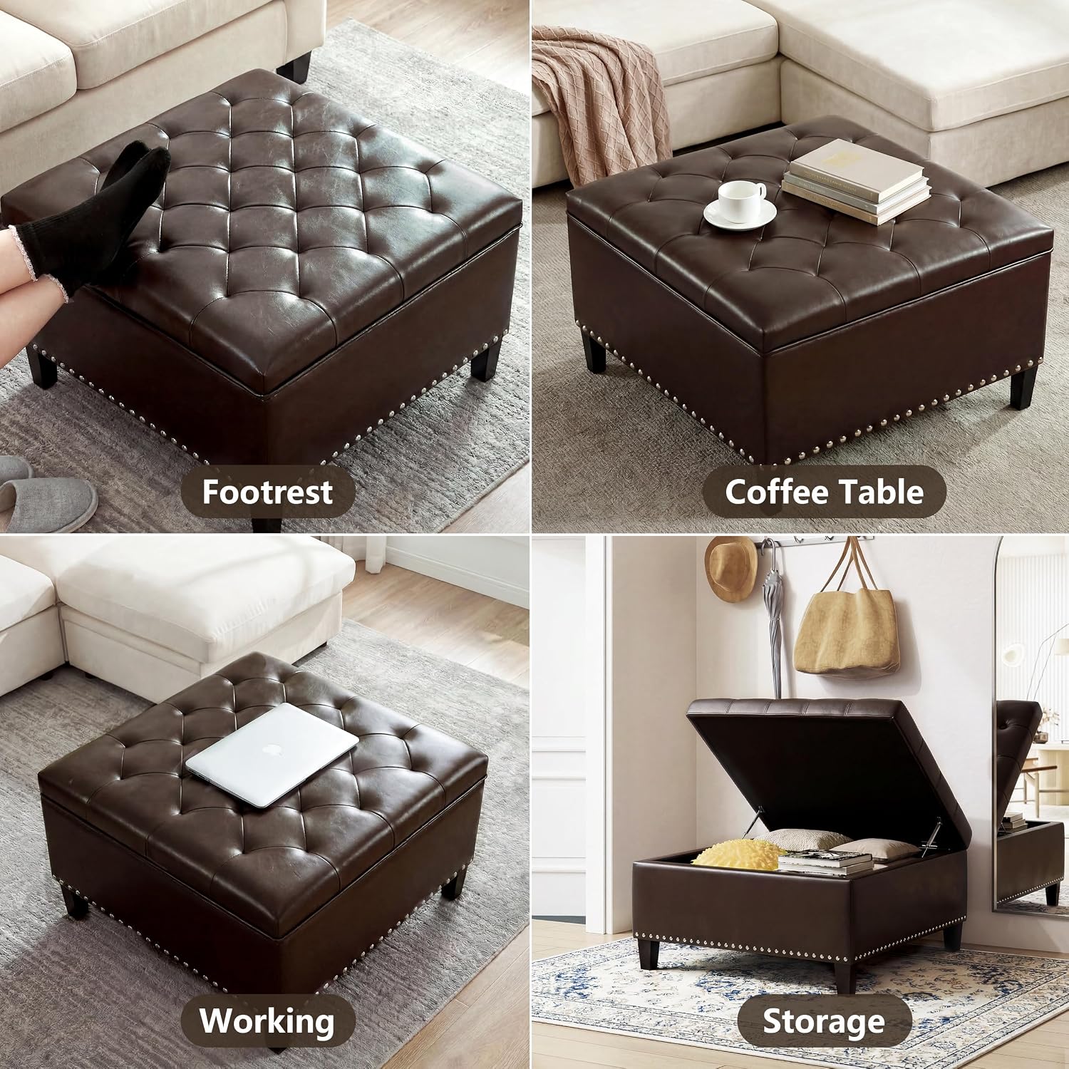 Homebeez Faux Leather Storage Ottoman Bench, Square Coffee Table Footstool Footrest with Wood Legs for Living Room (Brown)