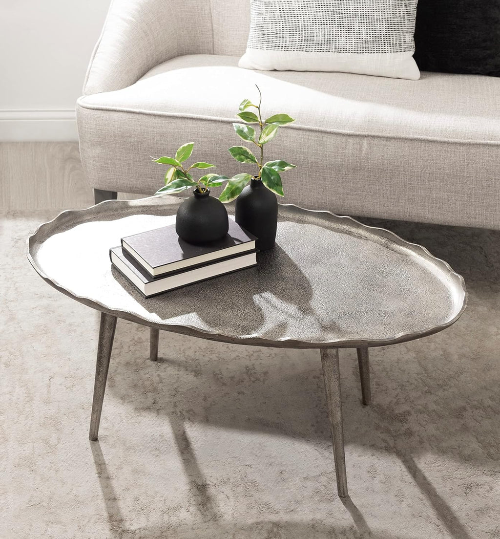 Kate and Laurel Alessia Modern Glam Oval Coffee Table, 34 x 20 x 15, Silver, Metal Living Room Table for Storage and Display with Antique Deckled Edge Detailing