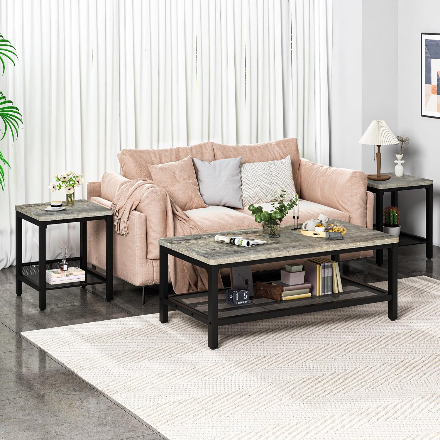 furlinkhm Coffee Table Set of 3, Industrial Coffee Table with 2 Square End Side Tables, Modern Living Room Table Set, with Metal Frame, for Apartment Home Office, Grey