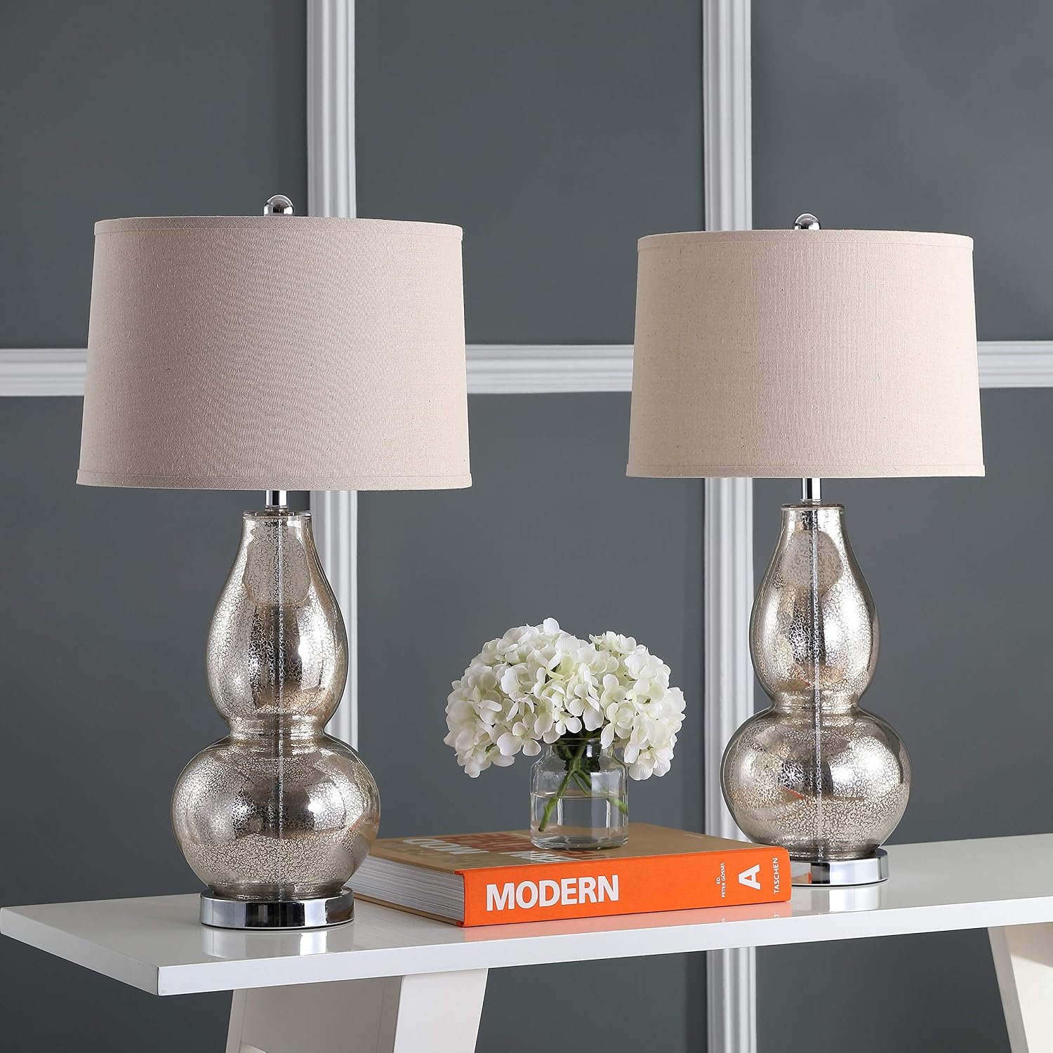 SAFAVIEH Lighting Collection Mercurio Antique Silver/ Wheat Brown Shade 29-inch Bedroom Living Room Home Office Desk Nightstand Table Lamp Set of 2 (LED Bulbs Included)