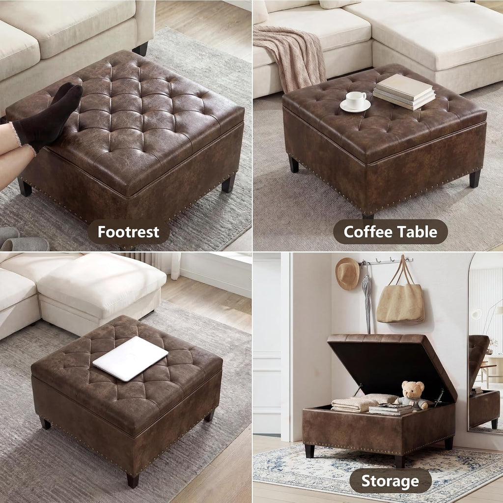 Homebeez Faux Leather Storage Ottoman Bench, Square Coffee Table Footstool Footrest with Wood Legs for Living Room (Distressed Brown)