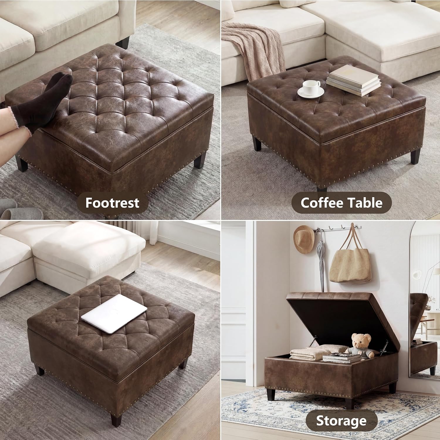 Homebeez Faux Leather Storage Ottoman Bench, Square Coffee Table Footstool Footrest with Wood Legs for Living Room (Distressed Brown)