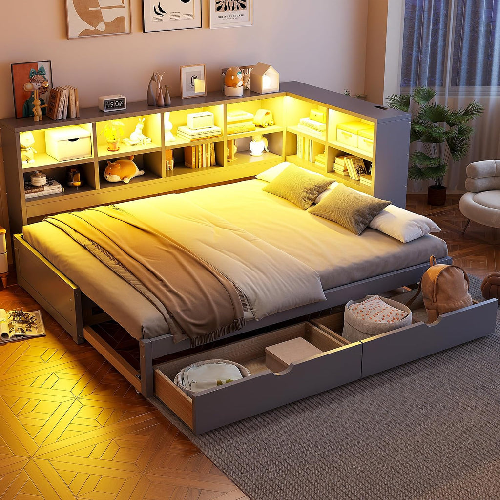 Wood Daybed Twin XL to King Size with 2 Storage Drawers and L-shaped Storage Cabinets, L-Shaped Corner Platform Bed Frame with LED Light and USB Ports for Office Living Room Bedroom (Gray-2.14)