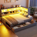 Wood Daybed Twin XL to King Size with 2 Storage Drawers and L-shaped Storage Cabinets, L-Shaped Corner Platform Bed Frame with LED Light and USB Ports for Office Living Room Bedroom (Gray-2.14)