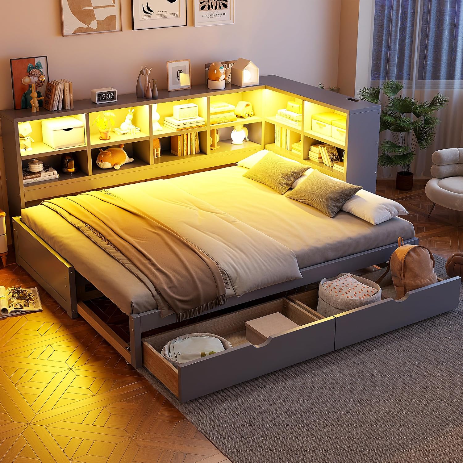 Wood Daybed Twin XL to King Size with 2 Storage Drawers and L-shaped Storage Cabinets, L-Shaped Corner Platform Bed Frame with LED Light and USB Ports for Office Living Room Bedroom (Gray-2.14)