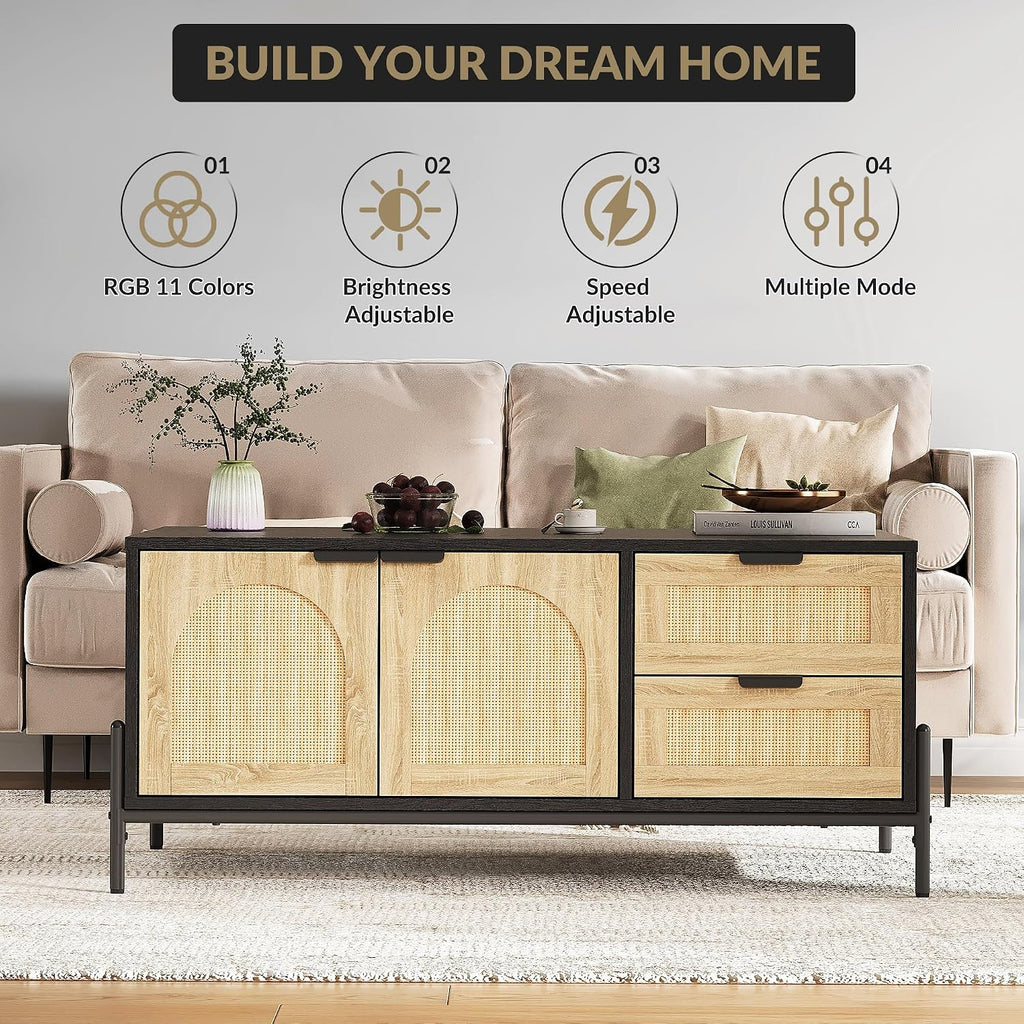 Mid Century Modern Rattan Coffee Table with Storage, Boho Rectangle Center Table with 2 Drawers, Open Shelf & Cabinet, Living Room Table with LED Lights, Wood and Metal Frame, Natural Oak and Black
