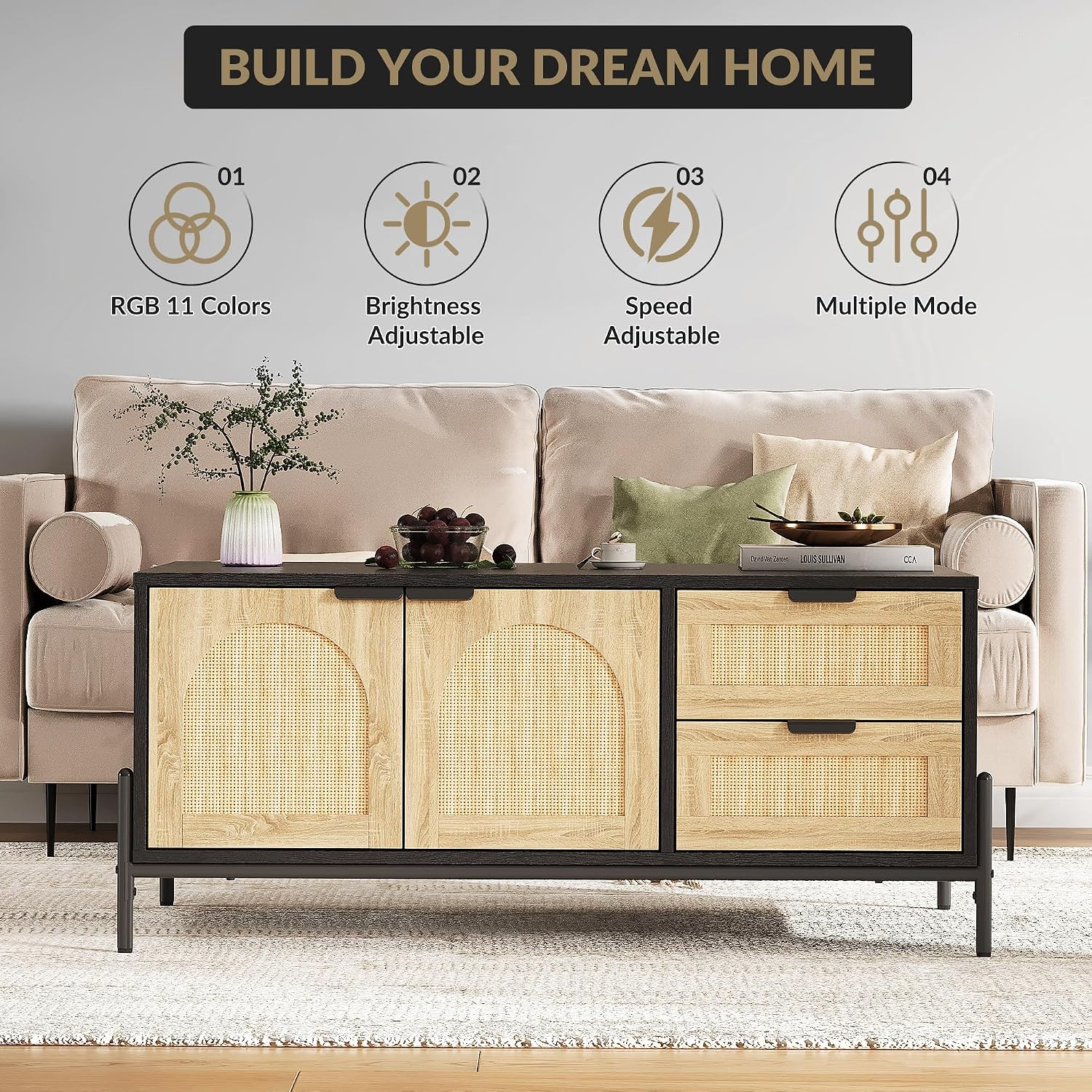 Mid Century Modern Rattan Coffee Table with Storage, Boho Rectangle Center Table with 2 Drawers, Open Shelf & Cabinet, Living Room Table with LED Lights, Wood and Metal Frame, Natural Oak and Black