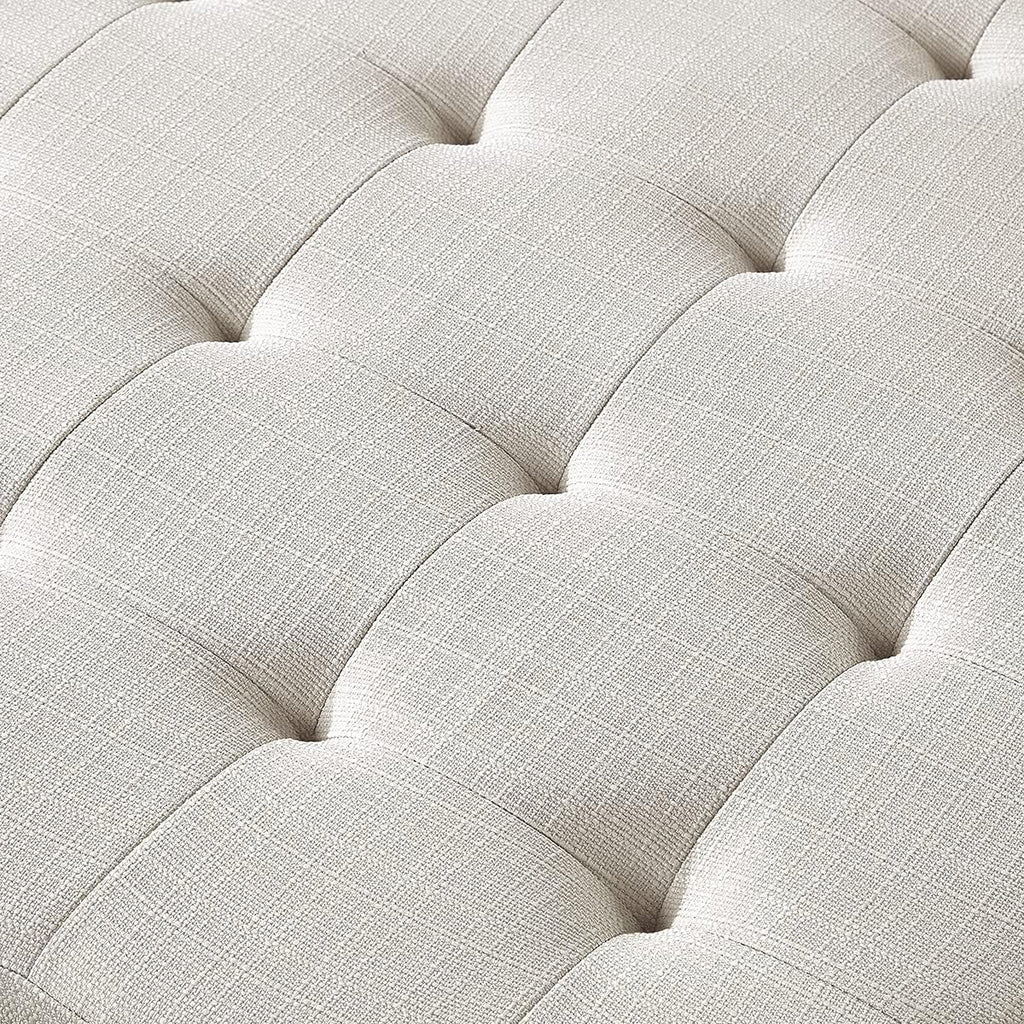 24KF Large Square Upholstered Tufted Linen Ottoman Coffee Table, Large Footrest Ottoman with Solid Wood Shelf-Ivory