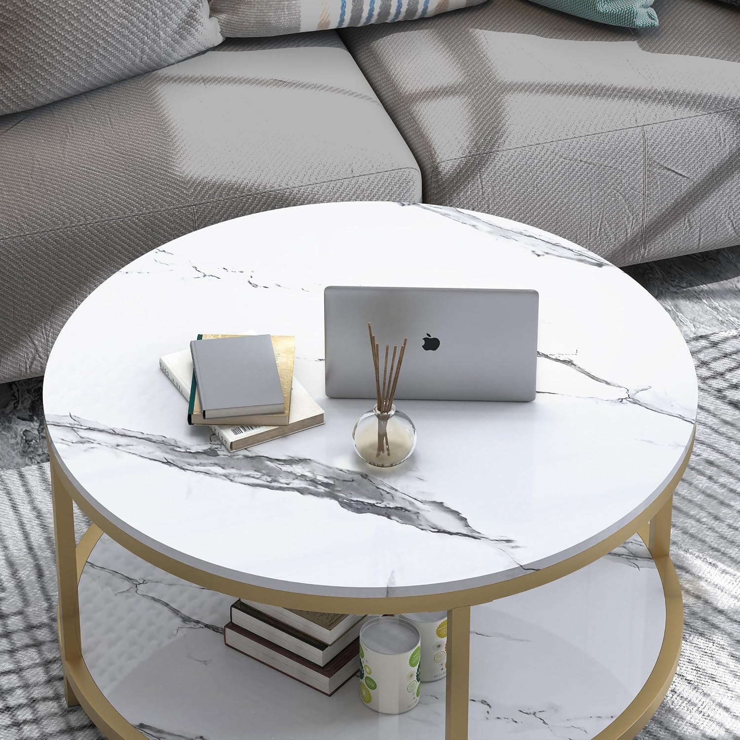WiberWi Round Coffee Table 33.5' Coffee Tables for Living Room High Glossy Faux White Marble Top Modern Circle Table Sturdy Gold Metal Frame Legs Cocktail Table with Storage Open Shelf