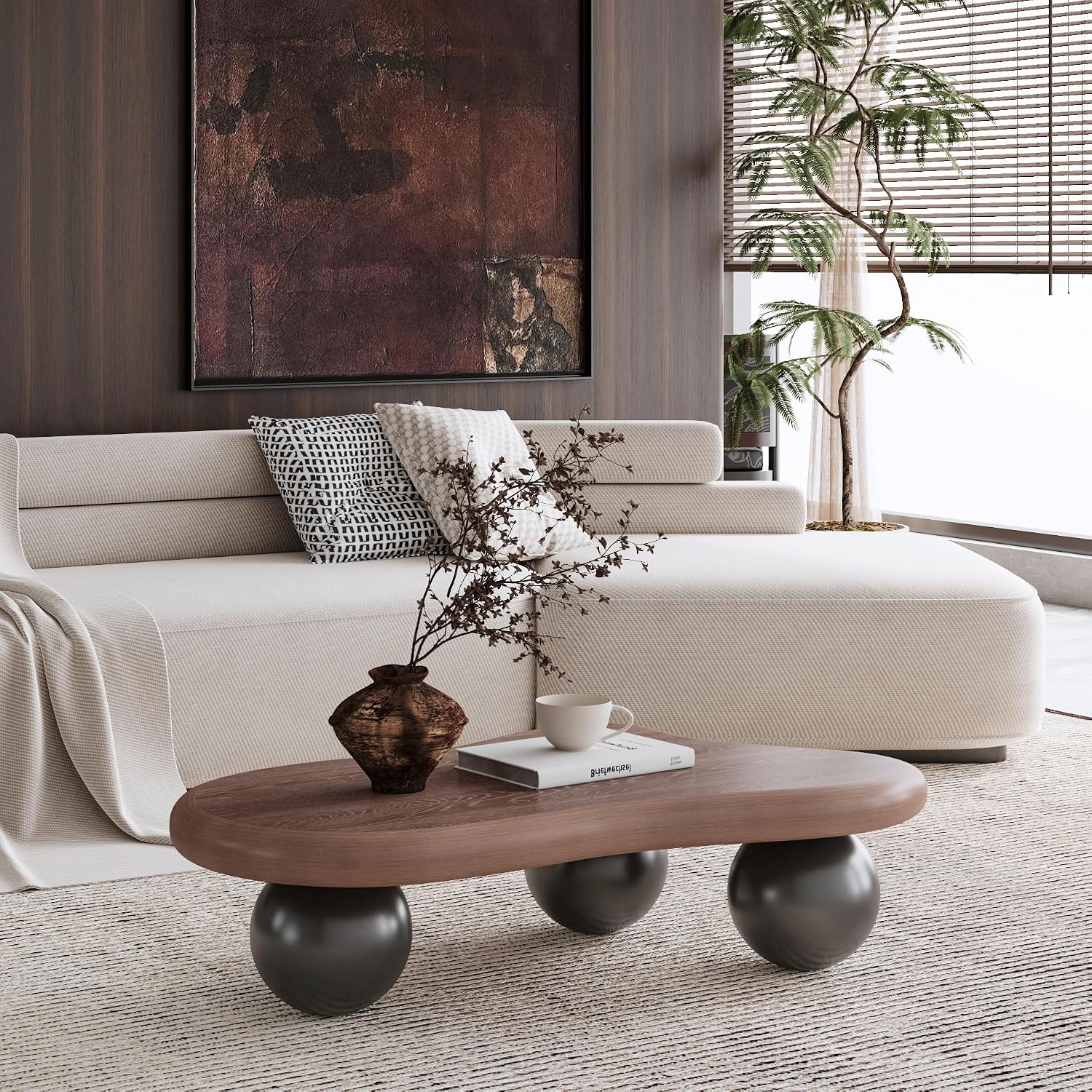 40' Cloud Coffee Table for Living Room Irregular Coffee Table Modern Low Coffee Tables Cute Small Center Table with 3 Ball Legs for Small Space Apartment Walnut & Black