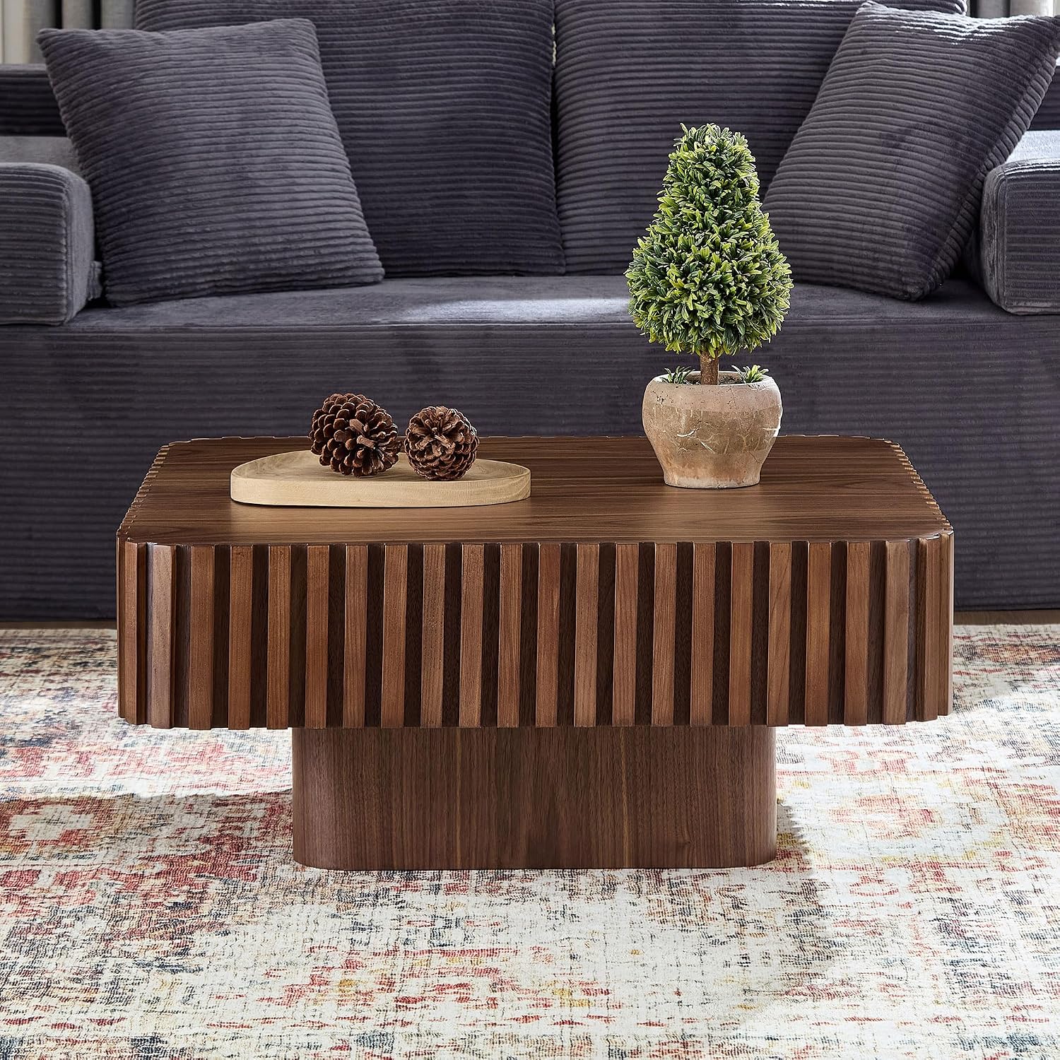 JUSTONE 35-inch Mid-Century Modern Drum Coffee Table, Handcrafted Wood Round Center Table for Living Room, Home Office, Walnut