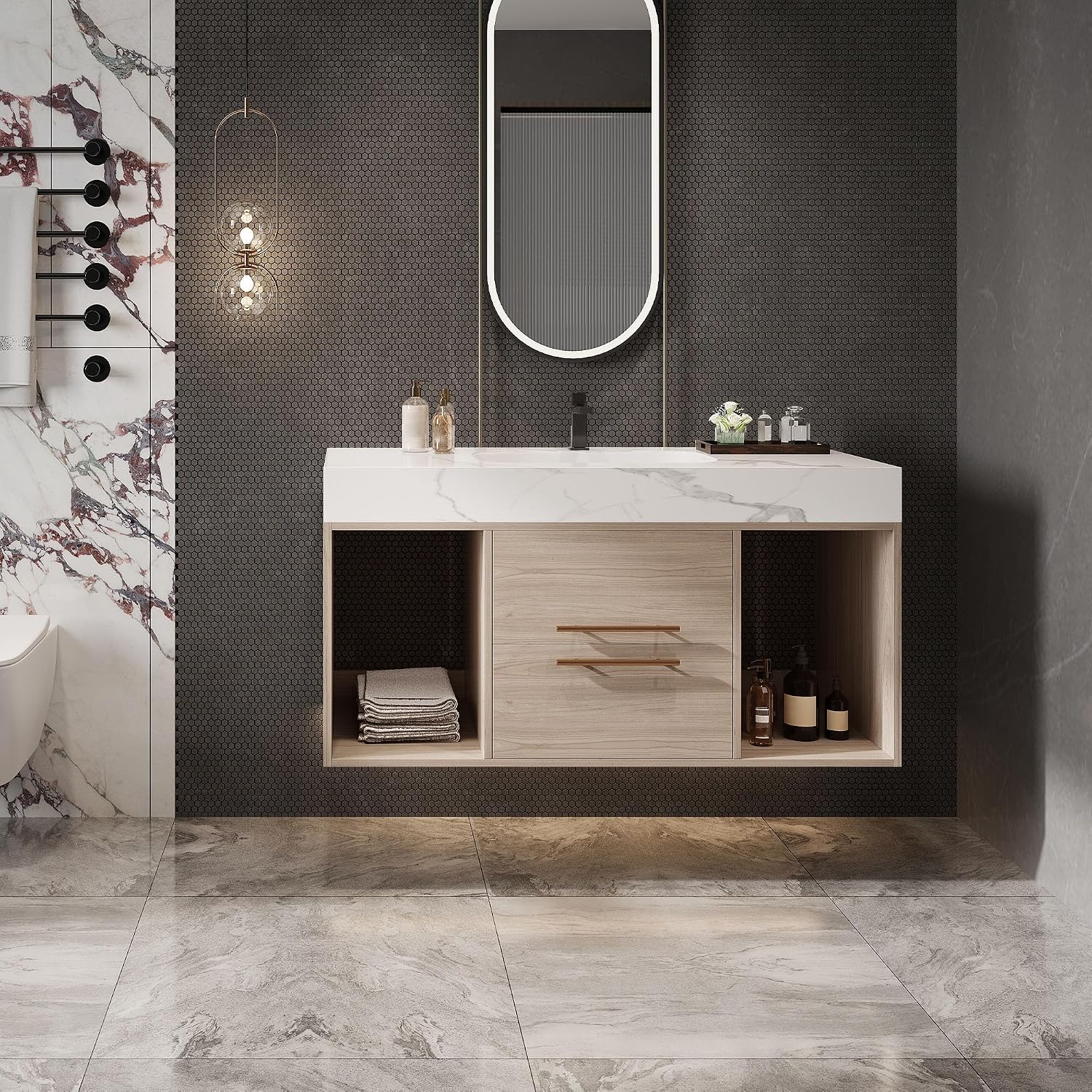 39.4' Bathroom Vanity with Oval Ceramic Sink, Floating Vanity Bathroom Sink Cabinet Wall Mount, Soft-Close Function 2 Large Hidden Drawers & Shelf