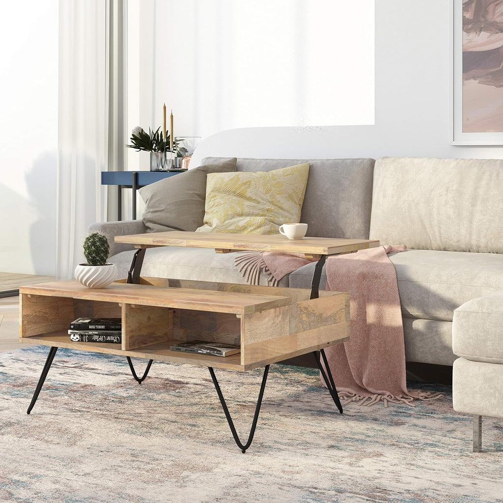 SIMPLIHOME Hunter Small Lift Top Coffee Table - 36 inch Wide Solid Mango Wood and Metal Industrial Cocktail Table in Natural, Living Room Table with Hidden Storage, 2 Cubbies, and Hairpin Legs