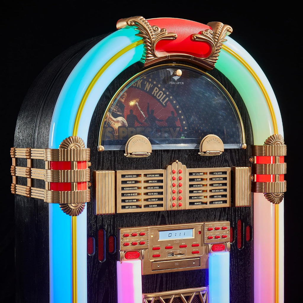 Arkrocket x Elvis Presley Jukebox Saturn V Full Size Bluetooth Vinyl Record Jukebox CD Player Vintage Radio Retro Turntable Classic Jukebox with Black Stand (Elvis Saturn V + Stand - Black)