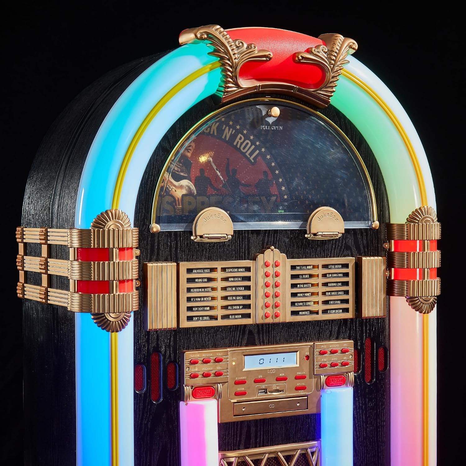 Arkrocket x Elvis Presley Jukebox Saturn V Full Size Bluetooth Vinyl Record Jukebox CD Player Vintage Radio Retro Turntable Classic Jukebox with Black Stand (Elvis Saturn V + Stand - Black)