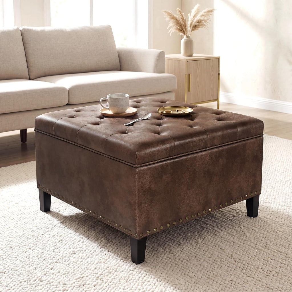 Homebeez Faux Leather Storage Ottoman Bench, Square Coffee Table Footstool Footrest with Wood Legs for Living Room (Distressed Brown)