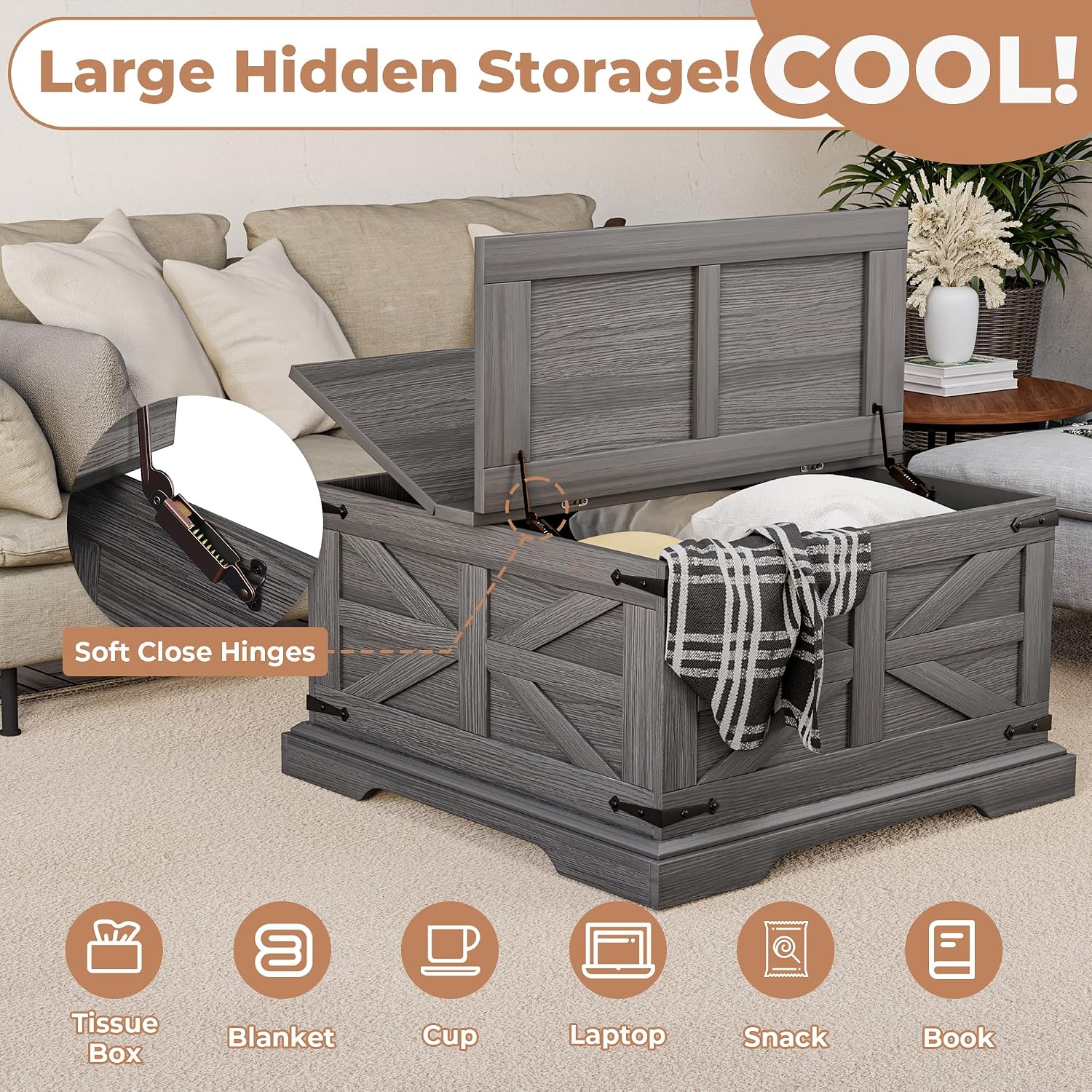 Farmhouse Coffee Table with Large Hidden Storage, Square Wood Living Room Tables, Multi-Function Lift Wooden Barn Door Center Table (Wah Grey)