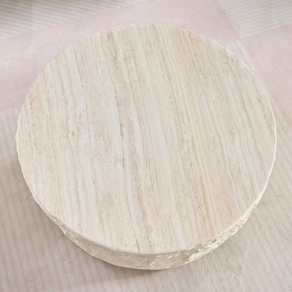 35.43' Modern Round Drum Coffee Table for Living Room, Circle Center Side End Table for Living Room, Office, Apartment, No Assembly Falux Marble Mars Stone, Beige