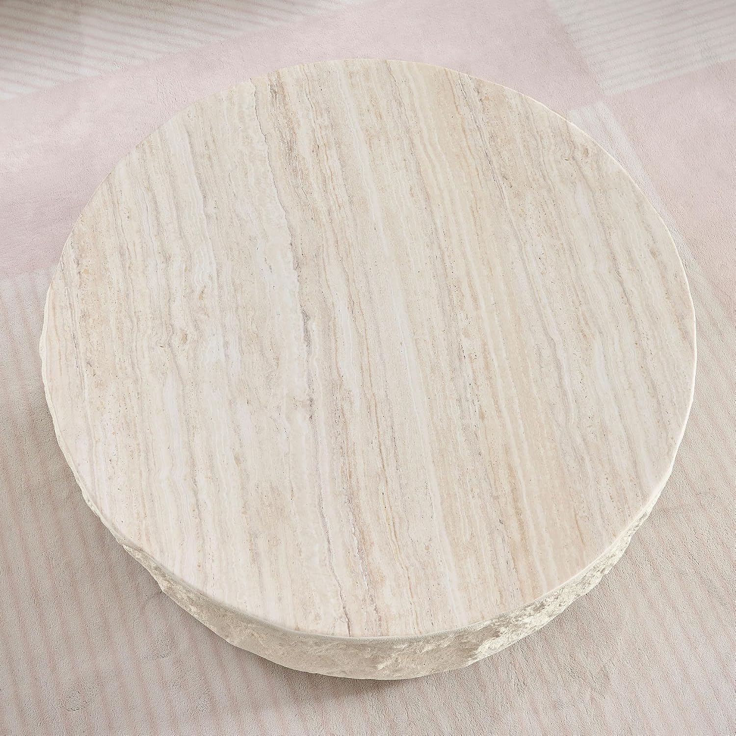 35.43' Modern Round Drum Coffee Table for Living Room, Circle Center Side End Table for Living Room, Office, Apartment, No Assembly Falux Marble Mars Stone, Beige