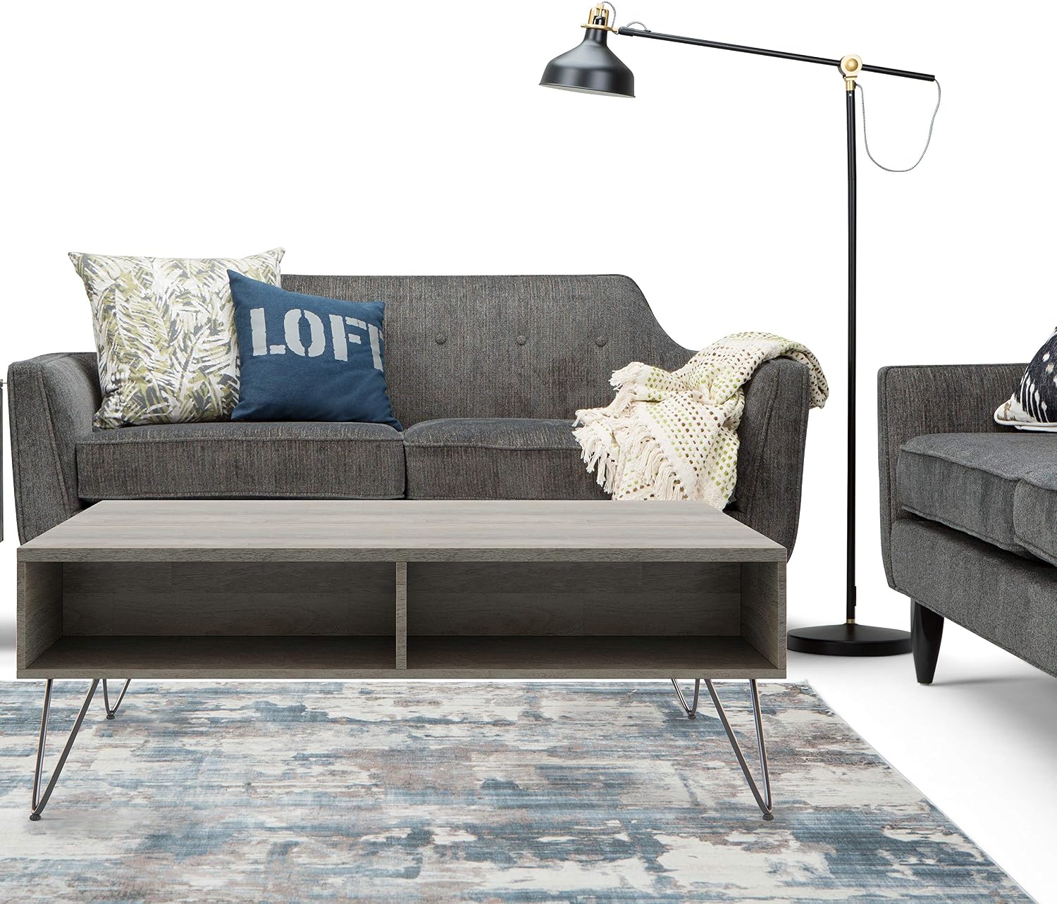 SIMPLIHOME Hunter SOLID MANGO WOOD and Metal 48 inch Wide Rectangle Industrial Lift Top Coffee Table in Grey for the Living Room and Family Room